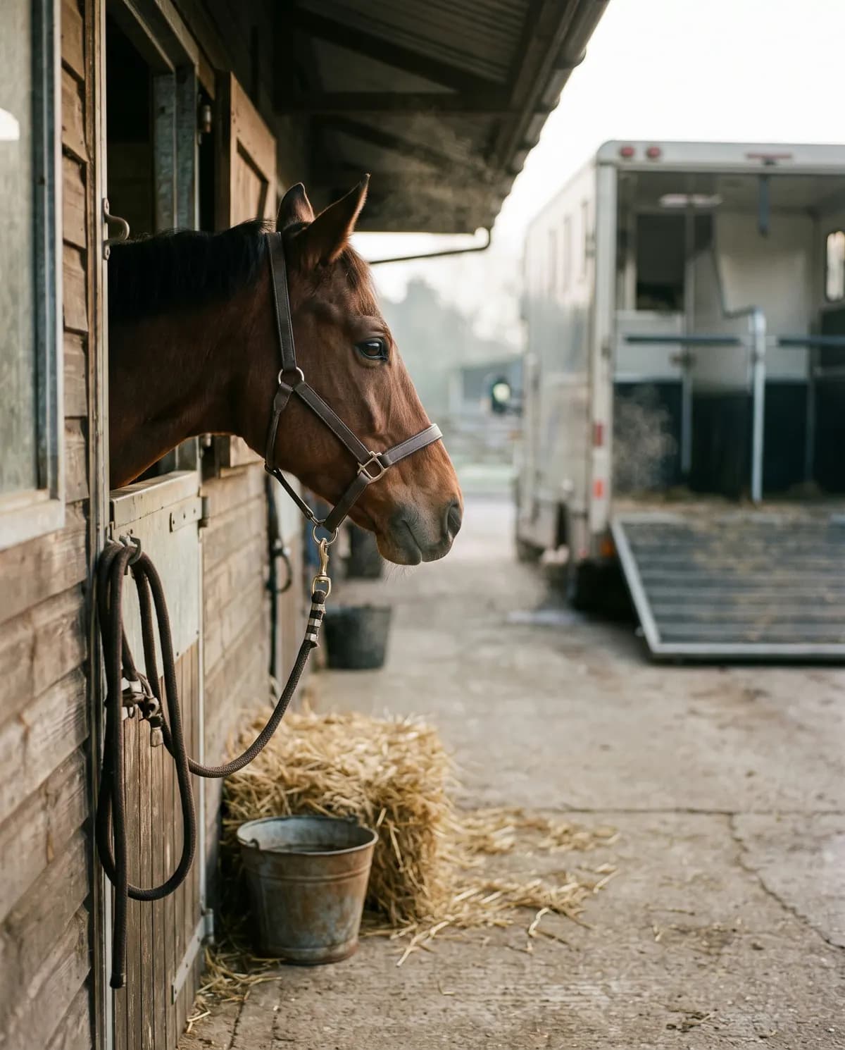 Un cavallo affacciato alla porta del box, un van attende nel cortile.