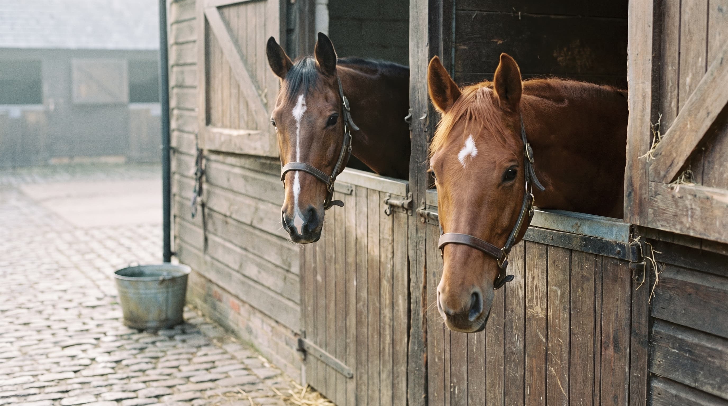 Un cavallo baio con una lista bianca e un sauro con una stella bianca si affacciano da due porte di box vicine in legno consumato su un cortile acciottolato, con un secchio di metallo contro il muro.