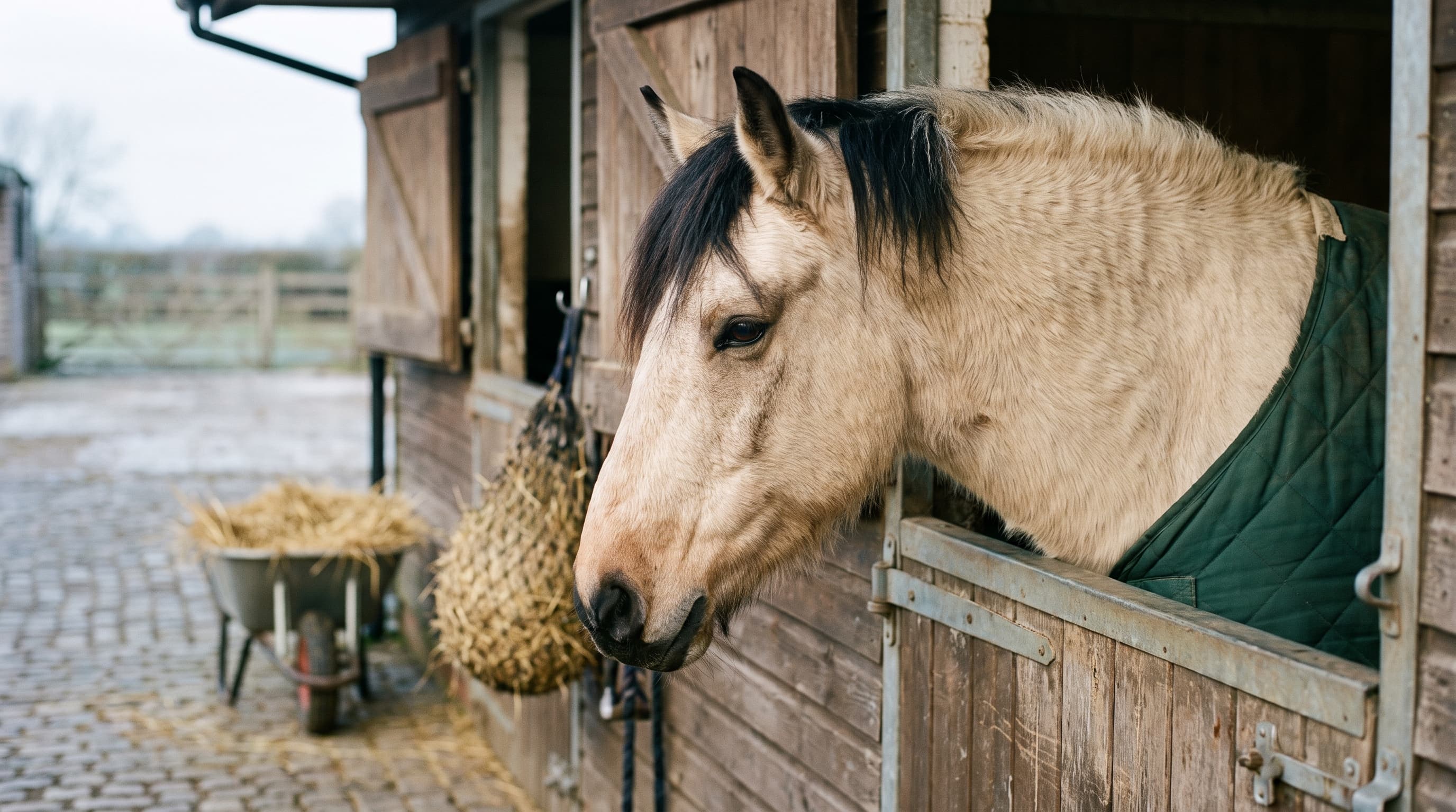 Un cavallo falbo con un folto pelo invernale e una semplice coperta trapuntata verde si affaccia da una porta di box consumata, con una rete da fieno e una carriola di paglia sul cortile in ciottoli alle spalle.