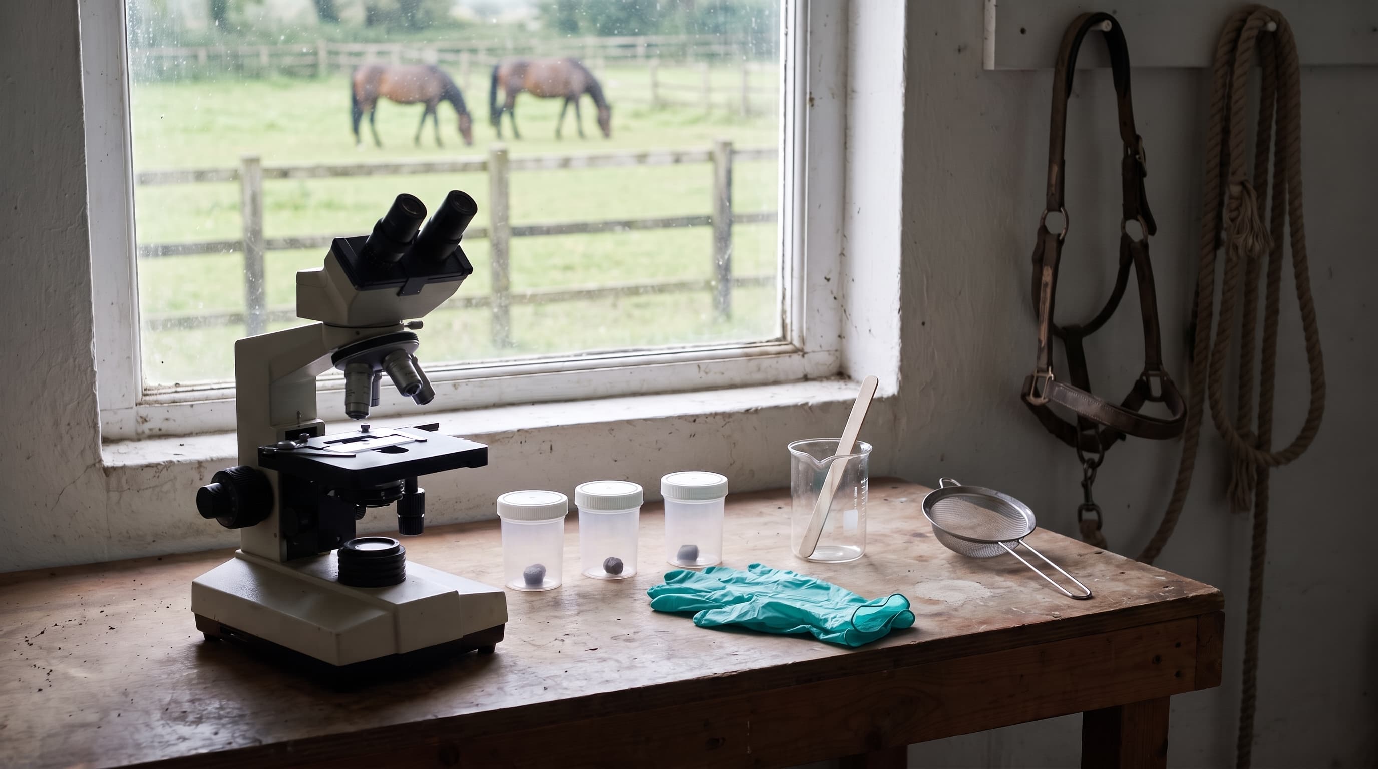Un microscopio e piccoli barattoli per campioni sul banco da lavoro di una selleria, accanto a un paio di guanti, un becher e un setaccio, con cavalli al pascolo in un paddock oltre la finestra alle spalle.