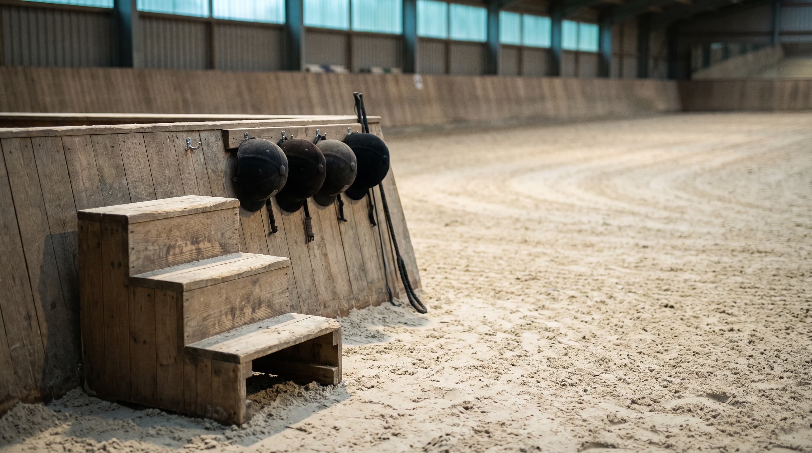 L'angolo di un maneggio coperto vuoto prima della prima lezione: un montatoio di legno sulla sabbia livellata, caschi neri appesi a ganci lungo la sponda di legno e una lunga frusta da dressage appoggiata accanto.