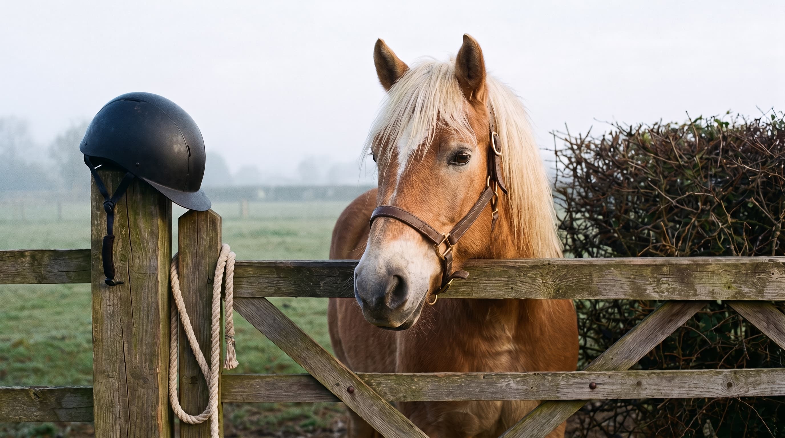 Un cavallo sauro dalla criniera chiara che appoggia la testa sopra un cancello di legno di un pascolo in una mattina nebbiosa, con un casco da equitazione appeso al palo e una corda arrotolata accanto.