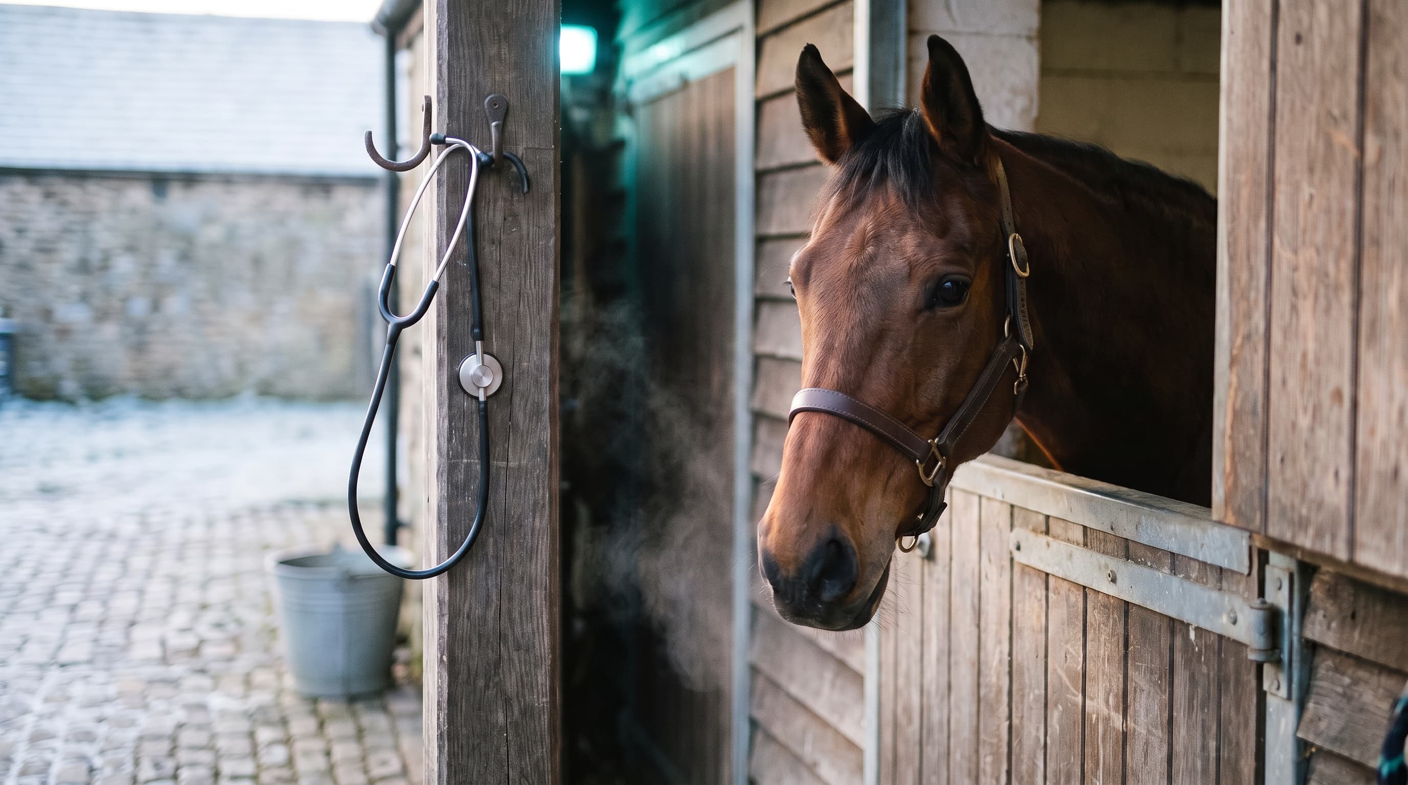 Un cavallo baio tranquillo si affaccia da una vecchia porta di scuderia in una mattina di gelo, con uno stetoscopio appeso a un gancio sullo stipite.