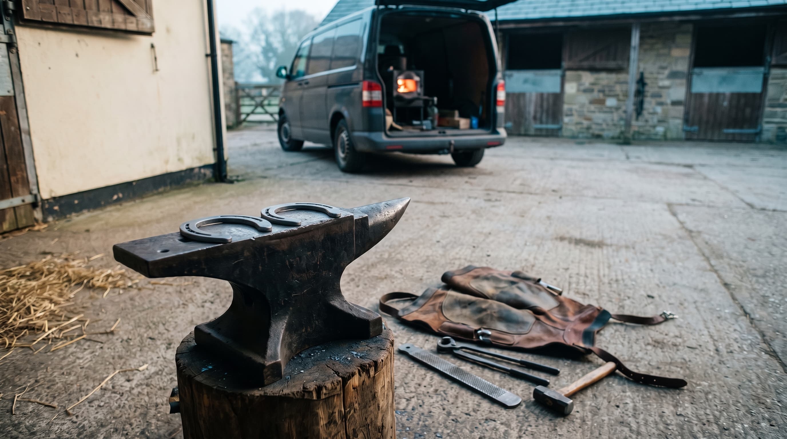 Un'incudine nera su un ceppo di legno in un cortile di scuderia alle prime luci, con due ferri di cavallo nuovi sopra, un grembiule da maniscalco in cuoio, una raspa, una tenaglia da pareggio e un martello sul cemento, e dietro un furgone aperto con una piccola forgia accesa all'interno.
