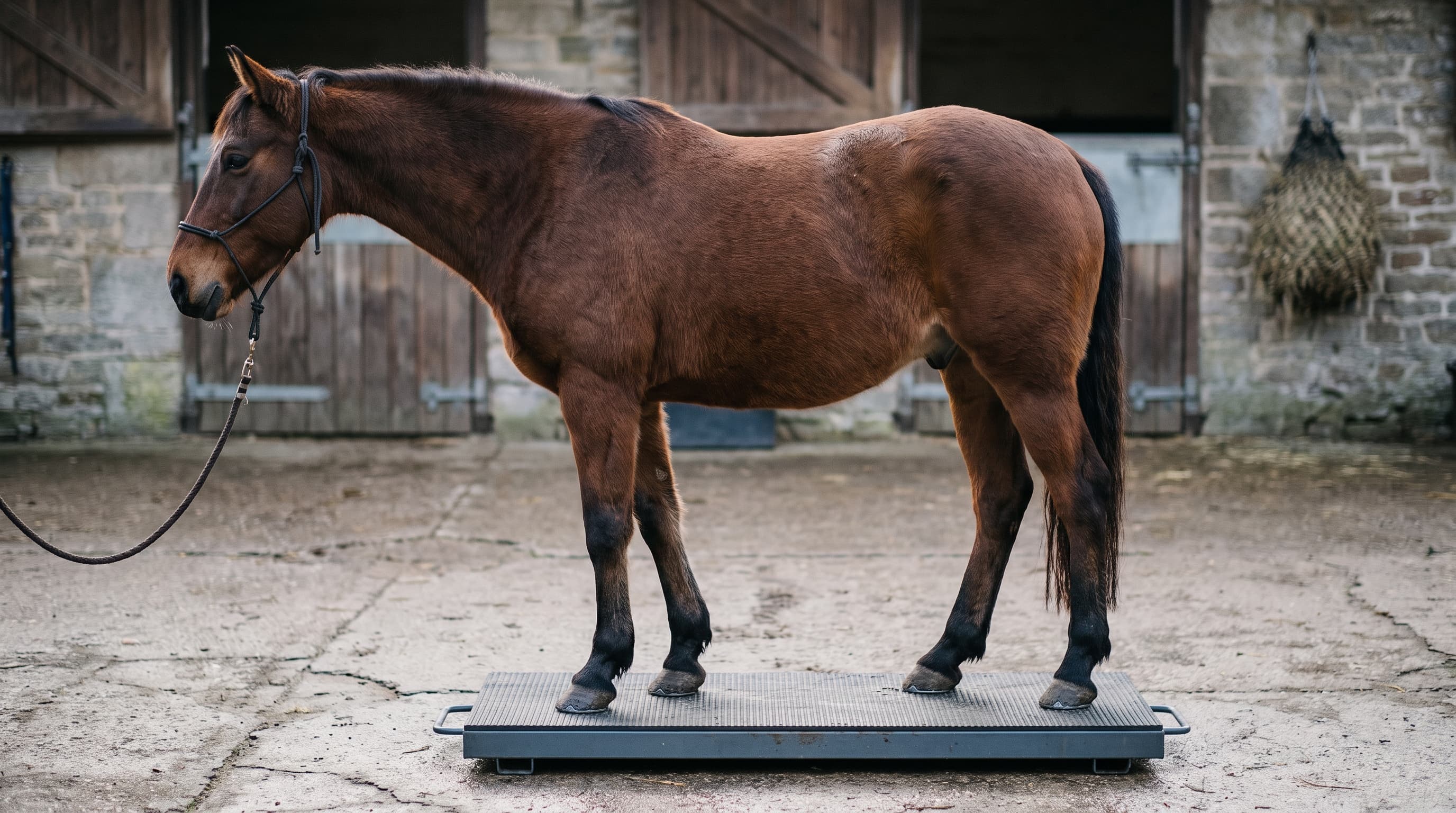 Un cavallo baio con capezza di corda, di profilo su una bassa pedana di pesatura grigia in un cortile di scuderia in pietra, con porte dei box in legno e una rete da fieno appesa al muro.