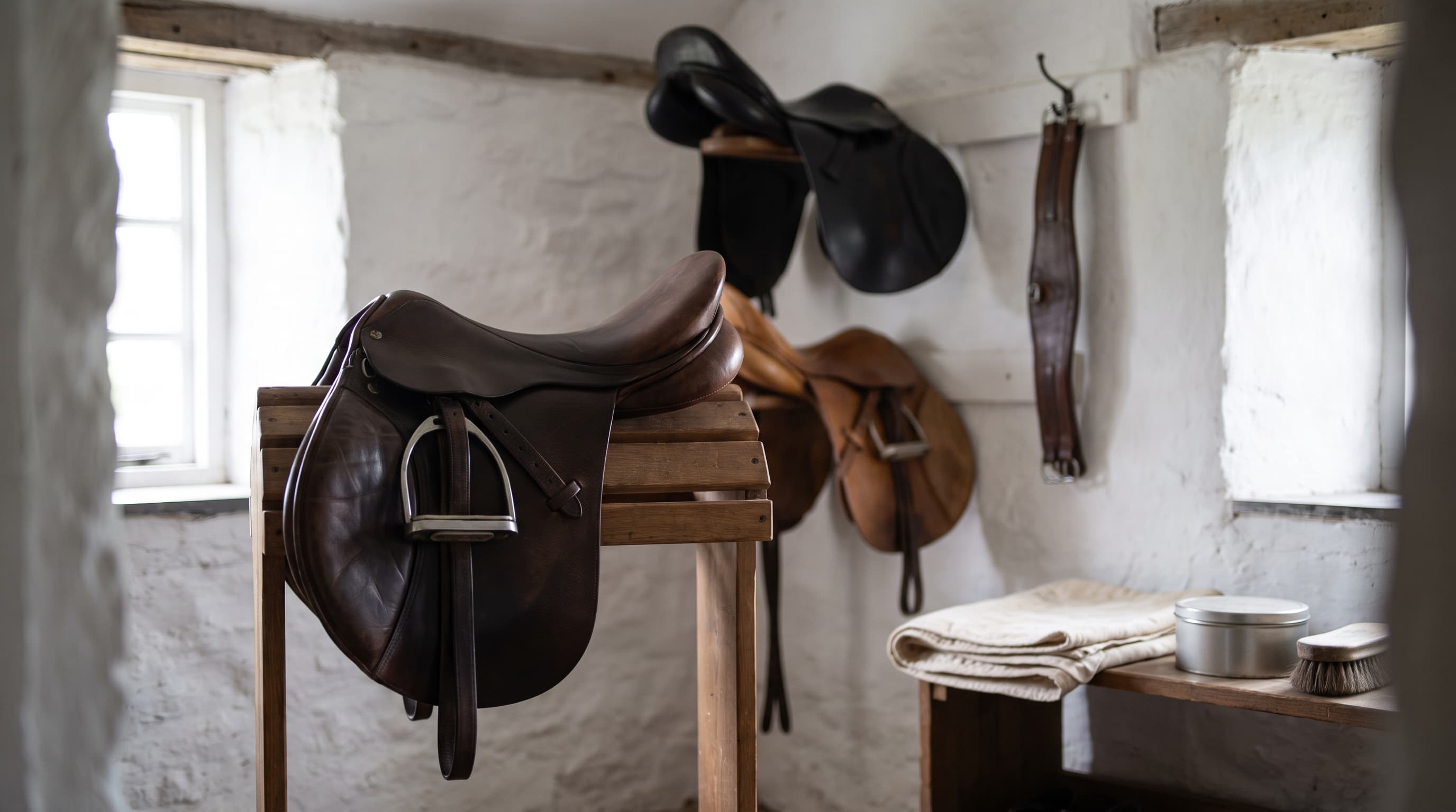 Una sella inglese in cuoio marrone su un cavalletto di legno in una selleria dai muri imbiancati a calce, una staffa appesa sul quartiere, con altre selle e un sottopancia alla parete dietro e un sottosella piegato, un barattolo di latta e una spazzola su una mensola.