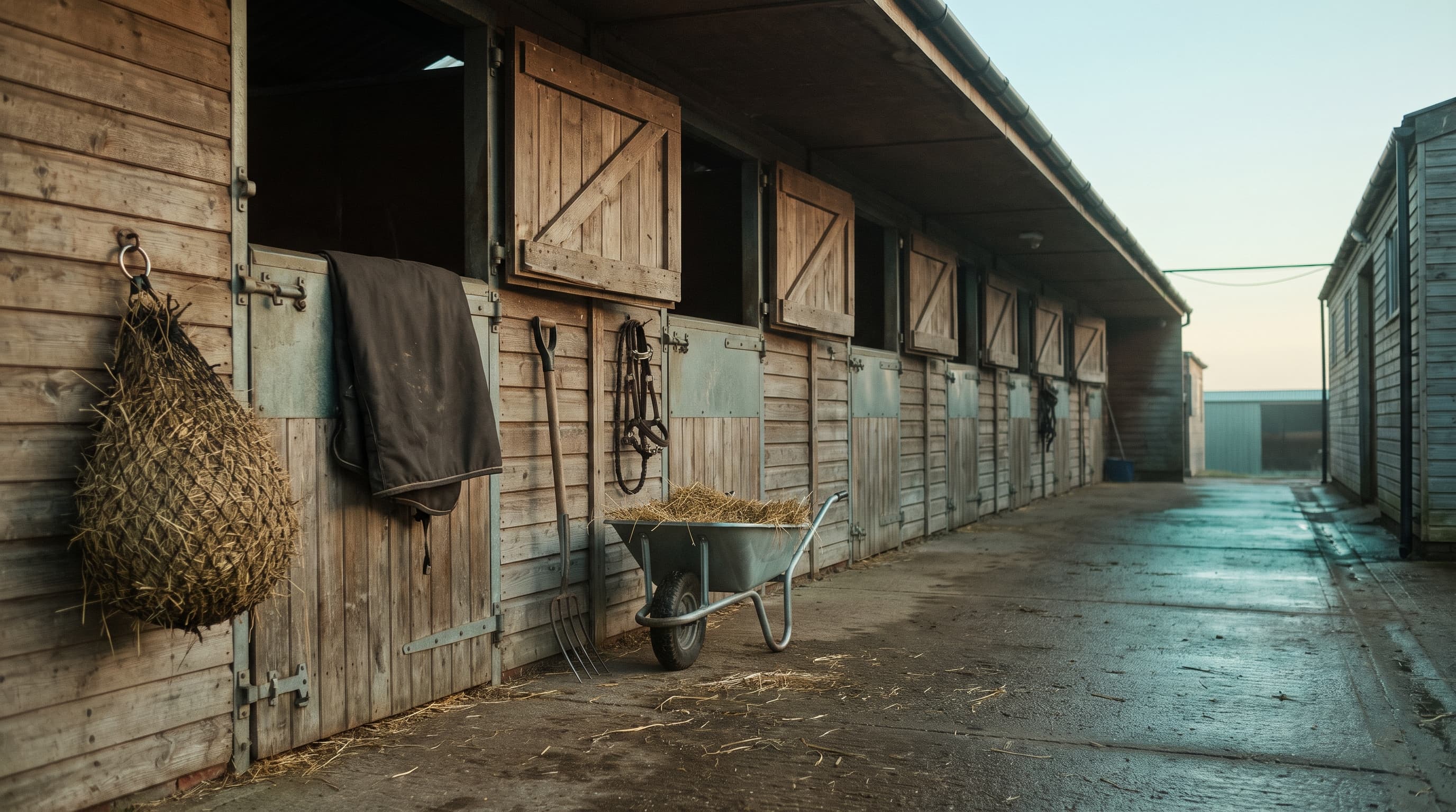 Una fila di box in legno segnato dal tempo in una scuderia di pensione di primo mattino: porte superiori aperte e agganciate, una rete da fieno piena legata a un anello, una coperta scura piegata su una porta, una capezza a un gancio e una carriola di paglia sul cemento bagnato.