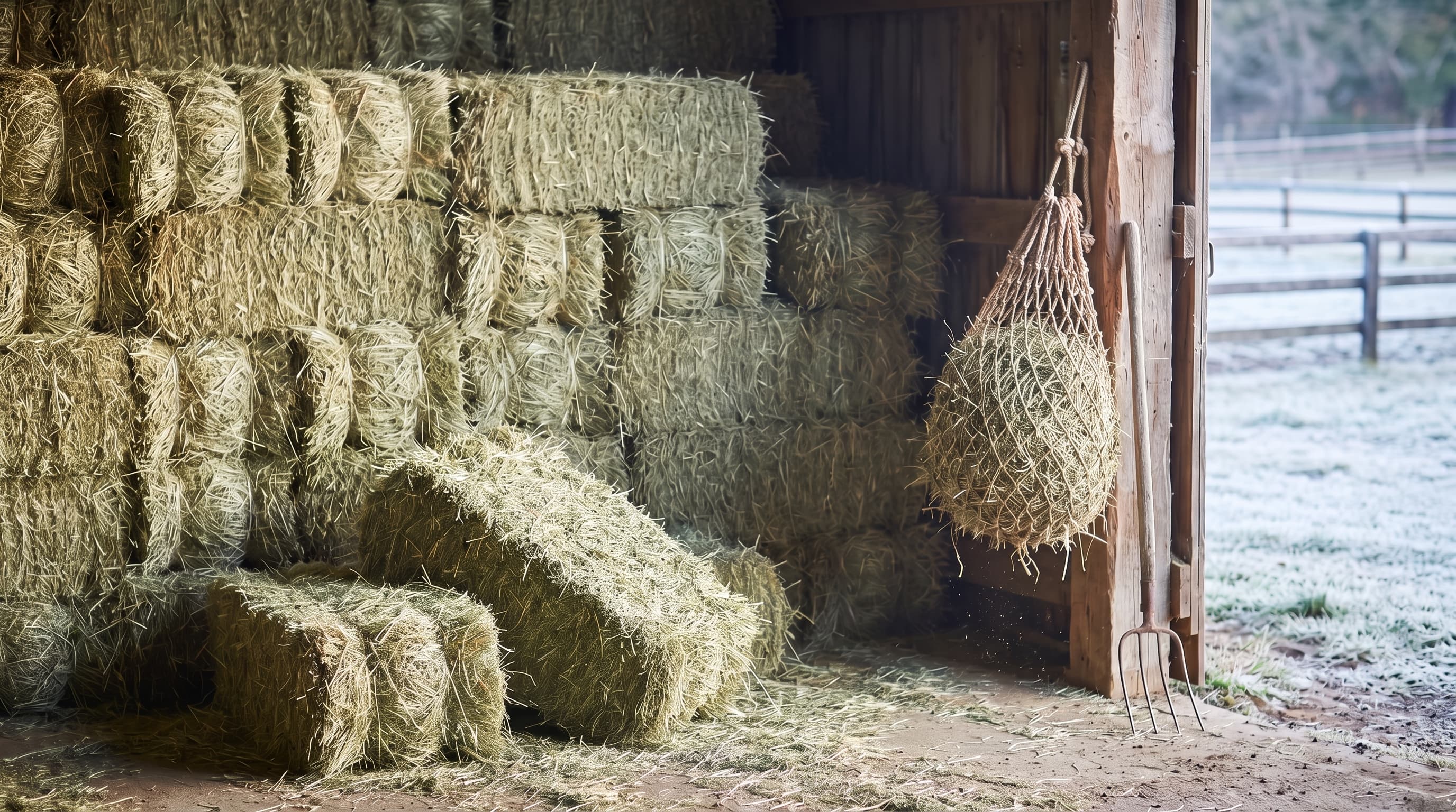 Una catasta di piccole balle di fieno in un fienile di legno, con una balla caduta e aperta davanti, una rete portafieno piena appesa a un palo e un forcone da fieno appoggiato accanto, e un paddock coperto di brina oltre la porta aperta.