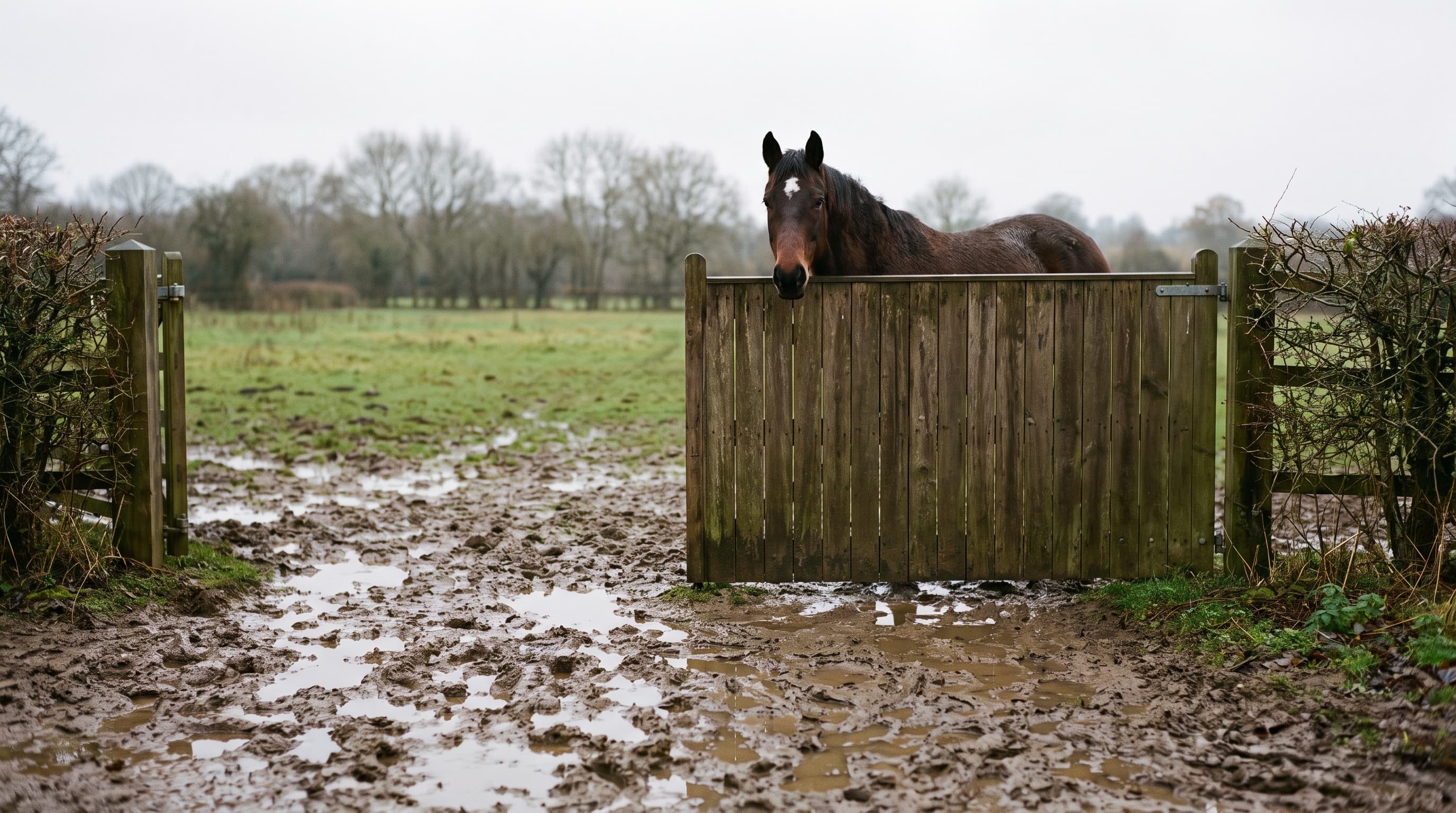 Un cavallo baio con una stella bianca guarda oltre un robusto cancello di legno; davanti a lui l'ingresso del paddock è fango profondo e pozzanghere, in una giornata grigia.