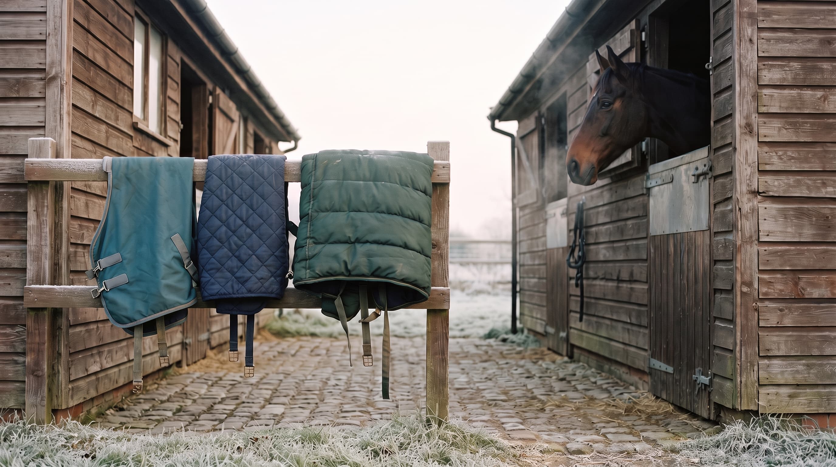 Coperte per cavalli di pesi diversi appese a una sbarra di legno coperta di brina in un cortile di scuderia acciottolato alle prime luci, e sulla destra un cavallo baio che guarda fuori da sopra la porta di un box, con il fiato visibile nell'aria fredda.